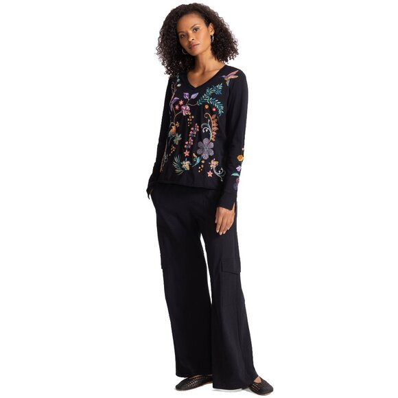Johnny Was Belina Slit Sleeve Tee Cotton Embroidered Floral Shirt Black Top NEW - Picture 3 of 9